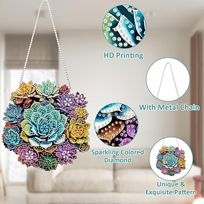 SENQAO Mandala Diamond Art Hanging Kit for Adult, Special Shaped Rhinestone,DIY Acrylic 5D Diamond Art Painting Window Pendants Home Garden Wall Hanging Kits Hanging Ornament（Mandala Succulent Plants）