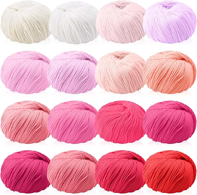 16 Skeins Cotton Yarn for Crocheting Knitting Soft Fine Clothes Cotton Blankets Yarn Bulk Assorted Colors for DIY Craft, Each 50g/185yard, 16 Colors(Pink Series)