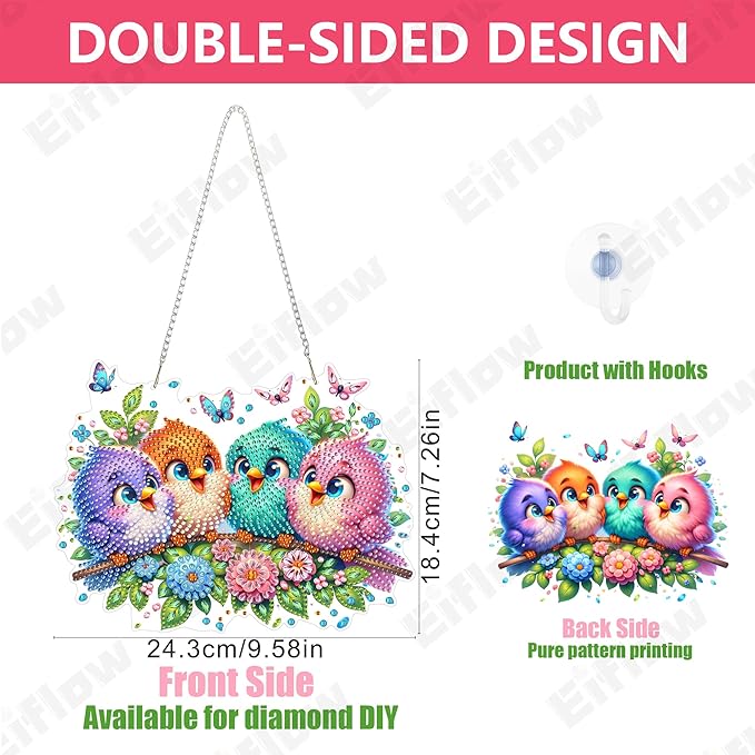 Eiflow Acrylic Diamond Art Hanging Kit for Adults, DIY Diamonds Painting Door Hanging Board Kit, Special Crystal Diamond Art Painting Pendant Ornament (Birds)