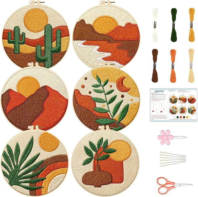 BEUNITONE Bohemian Embroidery Kit for Beginners, 6-Piece Stamped Needlepoint Craft Kits with Landscape, Sun, Moon, Leaves, Vase Designs, Complete DIY Handmade Embroidery Set for Relaxing Creative Fun