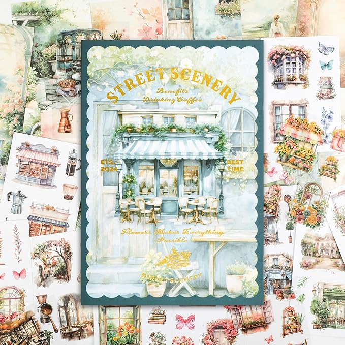 RISYPISY 54 Sheet Scrapbooks Supplies Kit, Precut PET/Washi Stickers, Street Landscape Junk Journal Sticker for Adult Planner DIY Crafts Decorative Paper for Scrapbooking