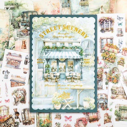 RISYPISY 54 Sheet Scrapbooks Supplies Kit, Precut PET/Washi Stickers, Street Landscape Junk Journal Sticker for Adult Planner DIY Crafts Decorative Paper for Scrapbooking