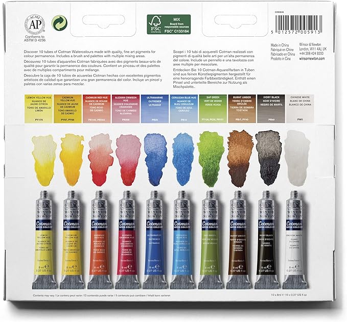 Winsor & Newton Cotman Watercolor Paint Set, 12 Colors Palette Set, 8ml (0.27-oz) Tubes w/ Brush