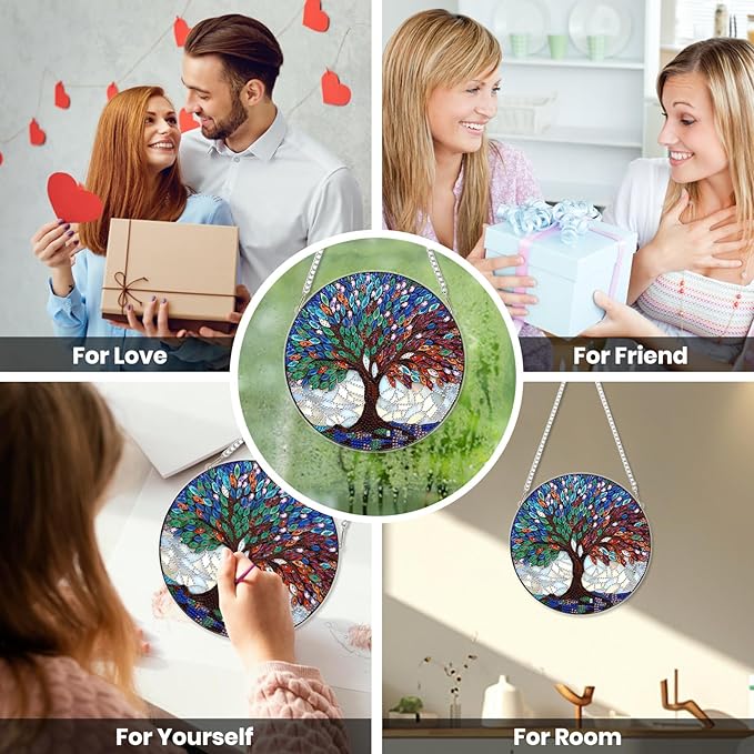 EOBROMD Diamond Hanging Art Kits for Adults, Colorful Tree of Life DIY Special Shaped Rhinestone Kits for Adults, Diamond Art Painting Suncatcher, Window Pendants Home Garden Wall Hanging Ornament