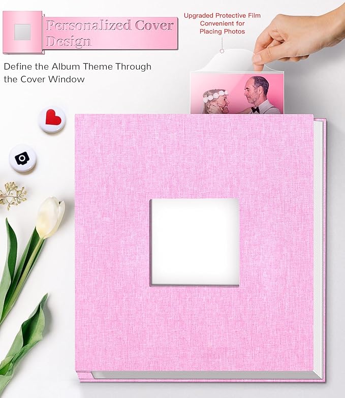 Photo Album Self Adhesive Scrapbook Album for 3x5 4x6 5x7 8x10 Pictures,60 Pages Linen Cover with Display Window DIY Photo Book,Ideal Gifts for Family Travel Wedding Baby