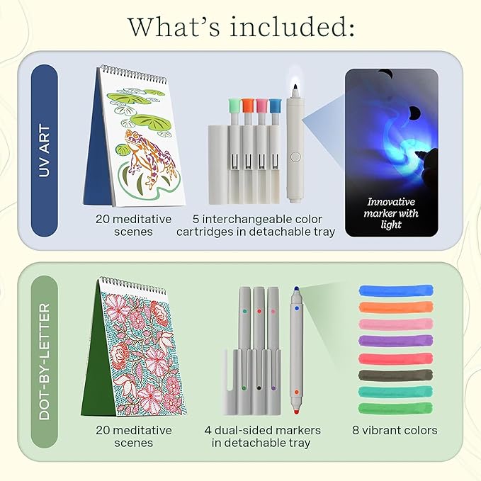 Lifelines FlowArt Activity Pads, 4-Pack - Guided Art Medtiations with 4 Sets of Markers & 80 Scenes - Color by Letter, Dot-Art and More, Coloring Books for Tweens, Adults & Seniors