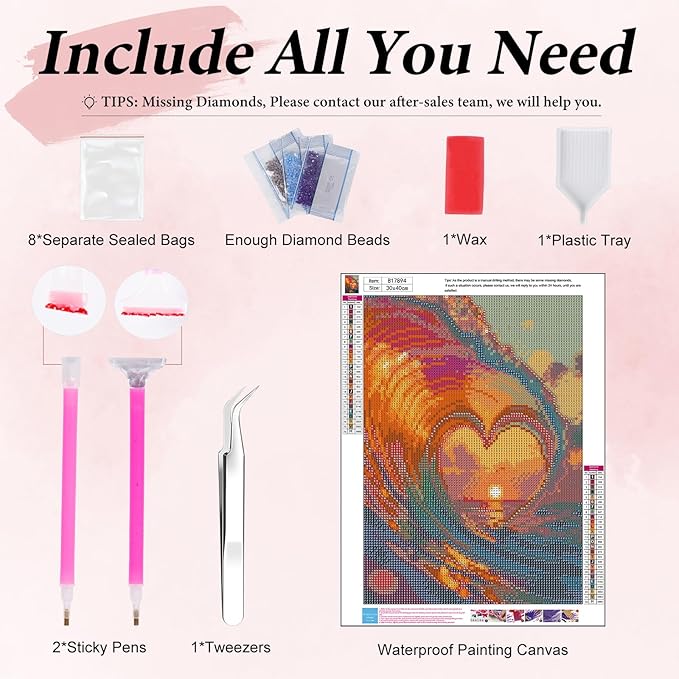 Yezavesu Love Diamond Art Kits for Adults, Waves 5D Diamond Painting Kit for Beginners, DIY Round Full Drill Painting with Gem Art Craft Kits for Home Wall Decor 12x16 Inch