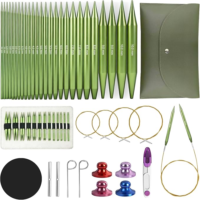 TRILVIX Knitting Needles Set, 13 Pairs Aluminum Interchangeable Circular Knitting Needles Set 4 Inch with 4 Cables, Accessories and Storage Bag for Multiple Knitting Projects Green