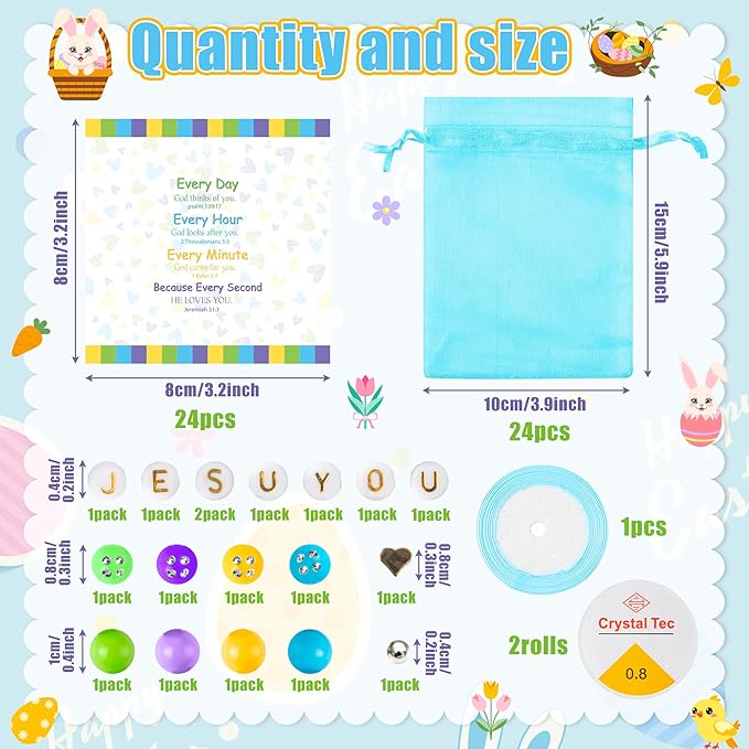 BeYumi Easter Christian Bracelet Craft - 24Pcs Easter DIY Religious Jesus Love You Letter Beads Bracelet with Bible Verse Gift Cards Jesus Faith Craft Kit VBS Week Sunday School Church Party