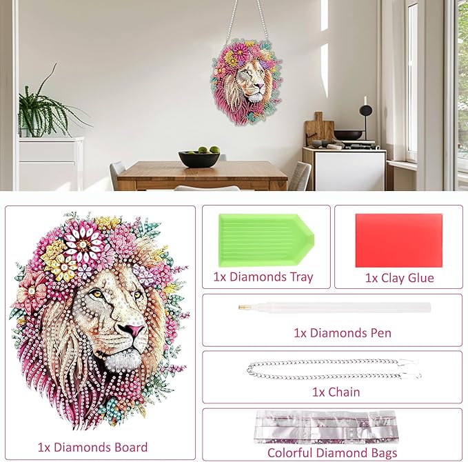 SENQAO Lion Diamond Art Hanging Kits for Adults Kids, Acrylic Diamonds Painting Pendant Board Kit Lion, Diamond Art Painting Window Pendants Home Garden Wall Hanging Kits Hanging Ornament