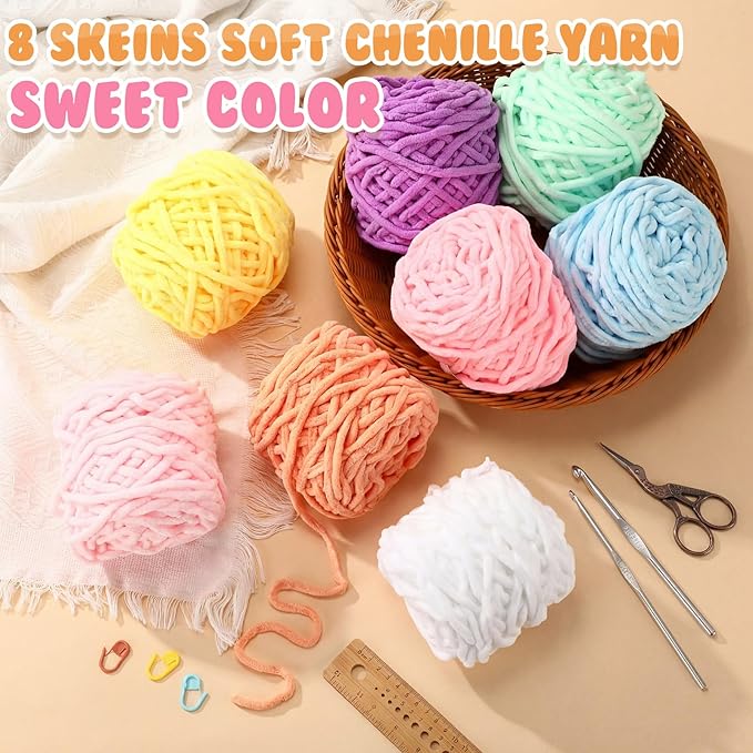 Buryeah 8 Pack Chunky Chenille Yarn for Crocheting Soft Thick Fluffy Yarn for Hand Knitting Bulky Velvet Blanket Plush for Weaving DIY Crafts Each 3.5 oz 55 Yards (Sweet Color)
