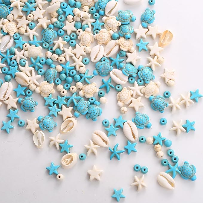 344Pcs Turquoise Sea Turtle Beads Blue and White Starfish Beads Tortoise Turtle Charms Summer Beach Animal Spacer Bead Shell Bead for Jewelry Making DIY Bracelet Necklace (8 Strings)