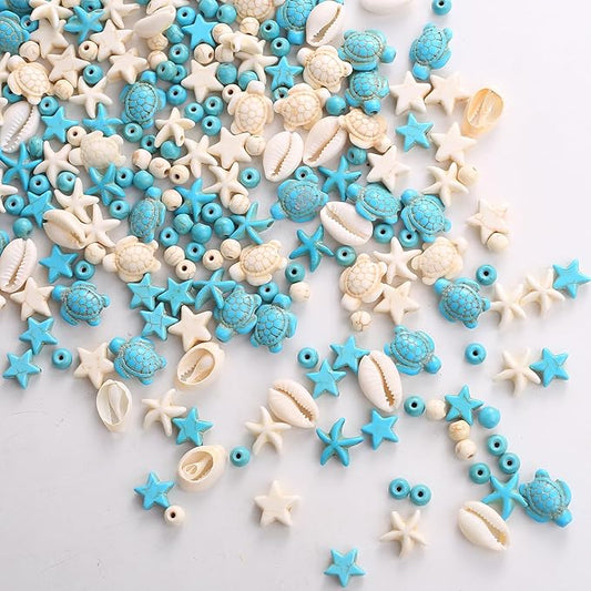 344Pcs Turquoise Sea Turtle Beads Blue and White Starfish Beads Tortoise Turtle Charms Summer Beach Animal Spacer Bead Shell Bead for Jewelry Making DIY Bracelet Necklace (8 Strings)