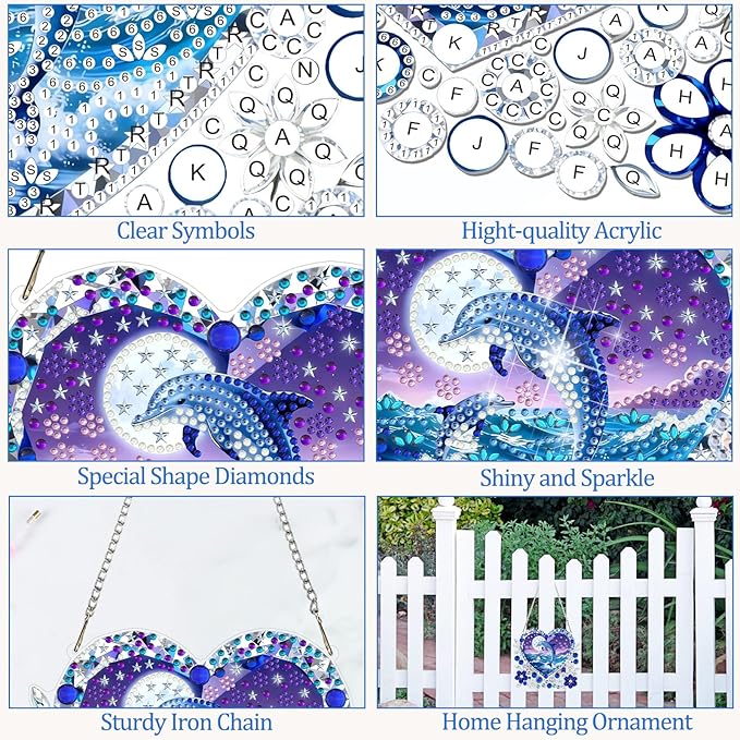 CEOVR Dolphin Hanging Diamond Art for Adults, Ocean Dolphin Love Diamond Painting Pendant DIY Gem Art Wall Ornament, Acrylic Home Garden Decor with Chain, Box Kit 7.87×7.12inch