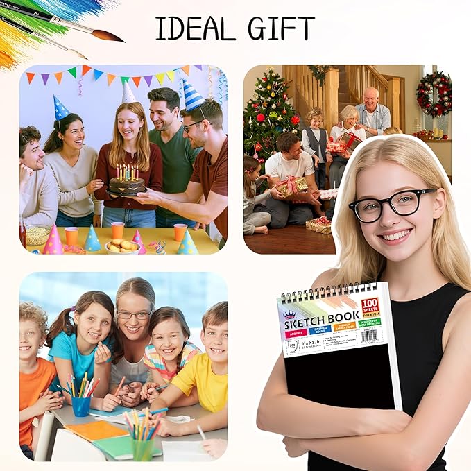 winner 9" x 12" sketch book 4 pack, 400 sheets spiral bound art sketchbook, 68lb/100gsm white acid free drawing pad, sketching drawing writing sketch pad, art supplies for school, kids, adults &teens
