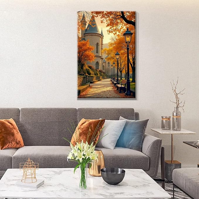 JOOZ Paint by Numbers Kit for Adults with Frame Autumn Landscape Paint by Number with Easel Castle Adult Paint by Number Kits Framed Canvas Fall Leaves Oil Painting Kits for Home Wall Decor 8x12 Inch