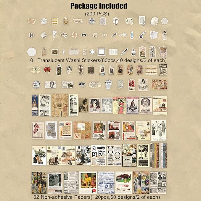 Esweny 200 Pieces Vintage Ephemera Scrapbooking Supplies Pack for Decoupage, Collage Craft, Notebooks, Album, Planners, Paper Scrapbook Stickers Kit (Retro)