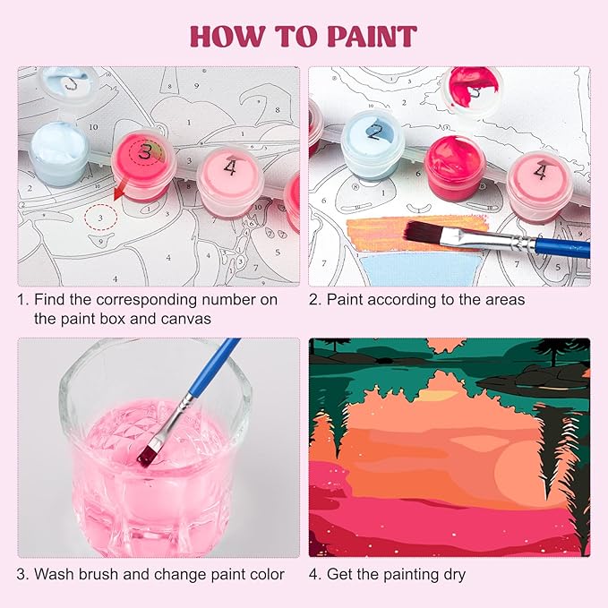 MXJSUA 4 Pack Moonlight Mountain Lake Framed Paint by Numbers Kit with Canvas for Adults Beginner, DIY Acrylic Oil Painting Kits with Brushes for Home Wall Decor Gift (8x10 inch)