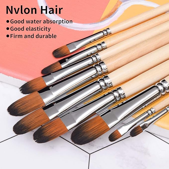 Artist Filbert Paint Brushes Set,9 Pcs Professional Painting Kits with Long Handle Soft Nylon Hair Filbert Brushes for Acrylic Oil Watercolor Gouache