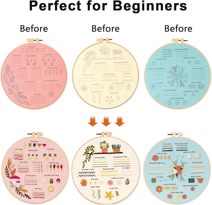 JOINRUN Beginner Embroidery Kit for Adults, 3 Pack Cross Stitch Kits with Pre-Printed Patterns, Threads, Needles, Learn Stitches with 7.8" Hoop, Video Tutorial, DIY Needlework Craft Gift for Women
