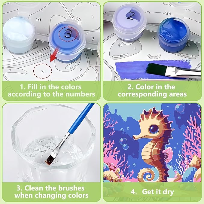 Reivworl Paint by Numbers Kit for Kids with Frame and Easel, Seahorse Paint by Number for Kids Age 6-8-12, Paint by Numbers Kits for Gifts and Home Decor - 8X8Inch