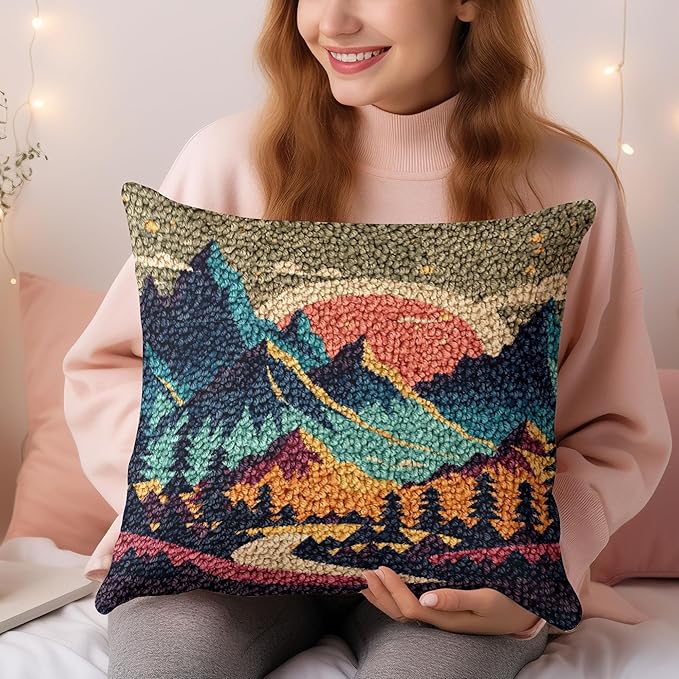 Landscape of Sunset Mountain Tree Latch Hook Pillow Kit for Adults with Printed Canvas Crochet Yarn DIY Throw Pillow Cover Needle Craft Handmade Cushion for Home Sofa Decor 43x43cm(2)