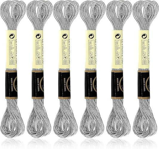 6 Pcs Silver Embroidery Floss Friendship Bracelet String Embroidery Thread Metallic Silver Embroidery Floss String Glitter Embroidery Thread Cross Stitch Thread for Hand Embroidery String Art