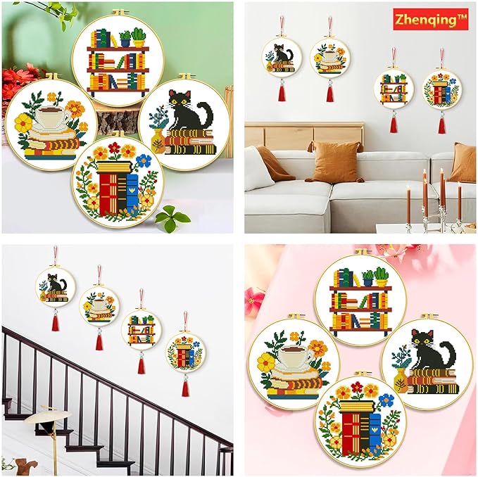 Zhenqing 4 Themes Cross Stitch Kit Set - 11CT 9.45x9.45Inch, Coffee/Books/Cats/Floral Designs, DIY Embroidery Kit with Full Tools (Hoops, Scissors, Tassels) & Guide, Cozy Home Decor Gift(69601)