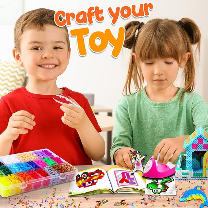 Goody King Board Fuse Beads Iron Set - Fuse Bead Kit for Kids Crafts with Bead Pegboard and Aqua Pony Beads, Pixel Art and Craft Kit (Large Set with Iron)