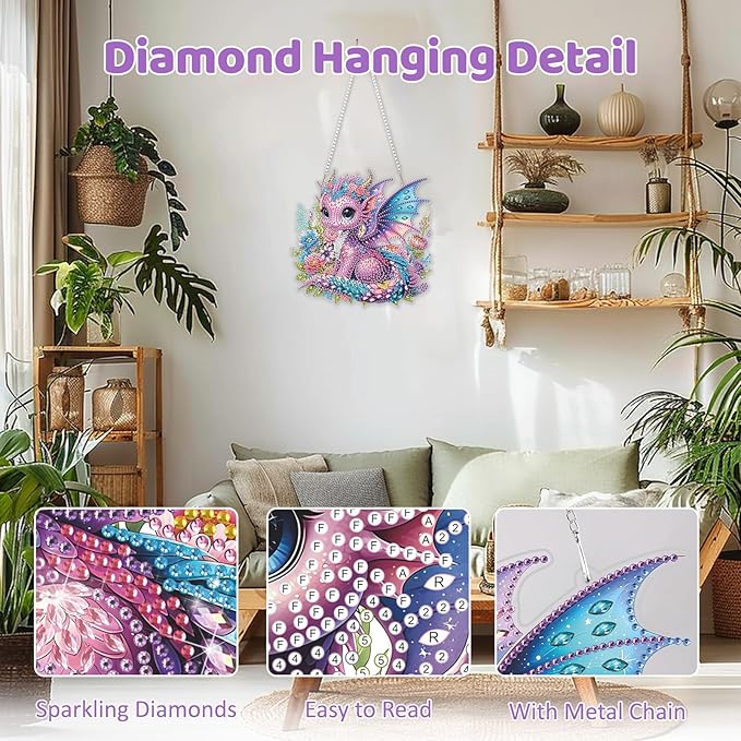 MEIYUDA Dargon Hanging Diamond Art Kits for Adult, Flowers Dargon Diamond Painting Hanging Kits Ornaments, DIY Special Shaped Rhinestone Window Pendants kit for Home Garden Wall Decor Gift