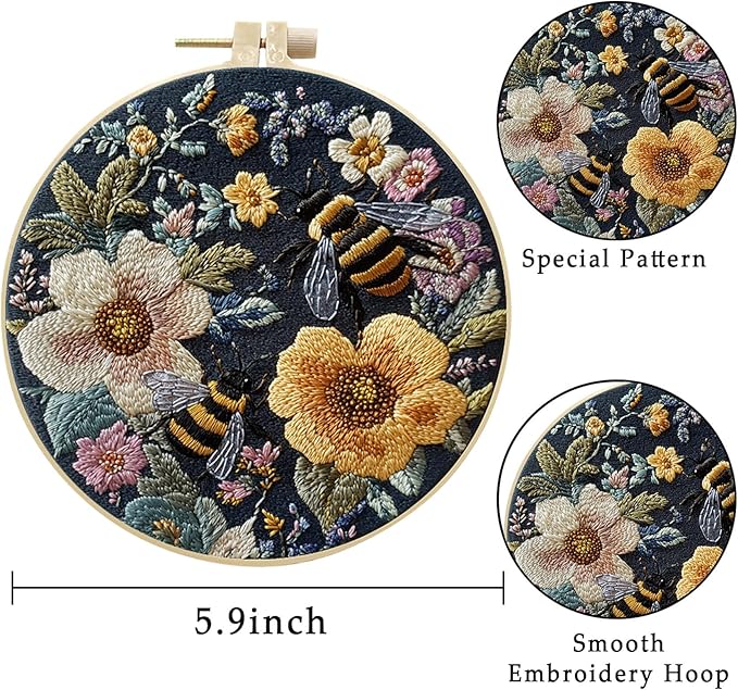 LB 4 Pack Yellow Bee Floral Embroidery Kit for Beginners Green Plant Beginner Embroidery Kit for Adults DIY Starter Kit with Embroidery Hoop Colorful Threads Tools Step by Step Instructions