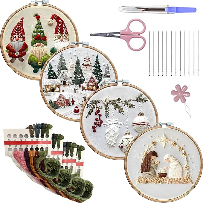 LB Christmas Embroidery Kit for Beginners: 4-Piece Cross Stitch Set with Green Plant, White Snowflake & Gnomes | Adults DIY Starter Kit Includes Hoop, Threads and Tools