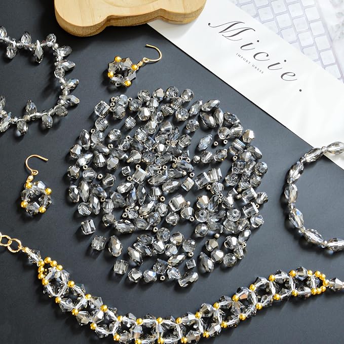 1500 Pcs Crystal Glass Beads for Jewelry Making – 12 Styles Bicone, Rondelle, Cube, Teardrop & 3mm Spacer Beads, DIY Bracelet Necklace Earring Craft Kit with Organizer Box(Grey)