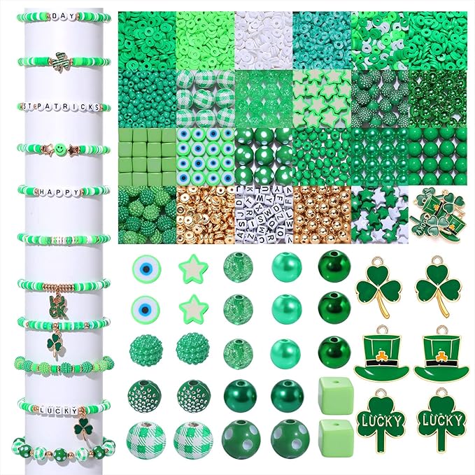 2566PCS+ St. Patrick's Day Beads for Jewelry Making Green Heishi Pearl Star Letter Clay Wooden Irish Round Loose Beads with Enamel Luck Shamrock Hat Pendants for DIY Necklace Bracelets Making Kit