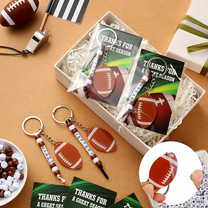Suncalla 984 Pcs 24 Set Football Keychain Making Kit DIY Football Bag Tag Sport Key Chain Crafts Adjustable Letter Beads Cards Strings Kit Team Gift Accessories Party Favors for Adult(White Brown)
