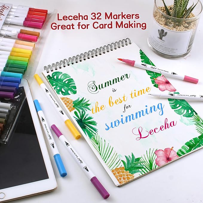 Dual Tip Art Markers for Adult Coloring Books,Fine and Brush Tip 32 Colored Pens Watercolor Pens for Journaling Note Taking Writing Planning Art Supplies
