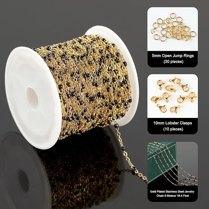UMAOKANG 10 Meters Gold Plated Chains for Jewelry Making Black Enamel Bead Stainless Steel Link Chain on Spool