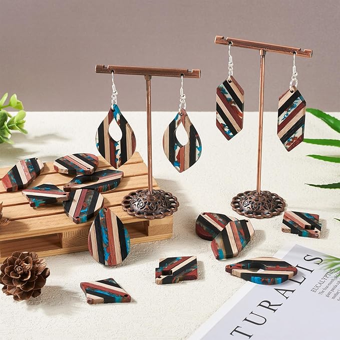 Beadthoven 52pcs Boho Wood Women Earring Making Kit, Striped Resin Earrings Charms Pendants Natural Wood Cutouts Pieces Wooden Earring Blanks with Earrings Hooks for DIY Jewelry Making Crafts