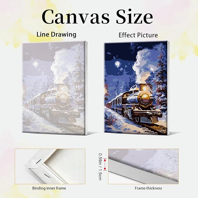 JOOZ Christmas Paint by Numbers Kit for Adults with Frame Train Paint by Number with Easel Christmas Tree Adult Paint by Number Kits Framed DIY Moon Oil Painting Kits for Home Wall Decor 8x12 Inch
