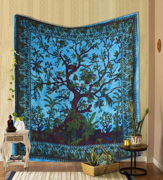 the art box tapestry turquoise tree of life wall hanging – indian cotton medium bedspread, picnic sheet, wall decor, blanket, wall art for bedroom (60x54 inch)