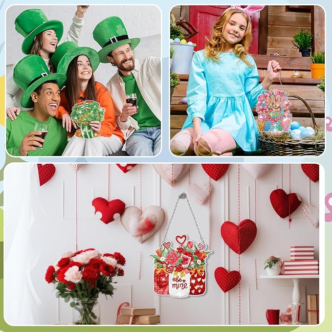 Chitidr 6 Pcs Seasonal Diamond Painting Kits 5d DIY Holiday Flowers Diamond Art Painting Hanging Signs for Spring Ventines Easter St. Patrick's Day Memorial Day Summer Wall Door Window Decor