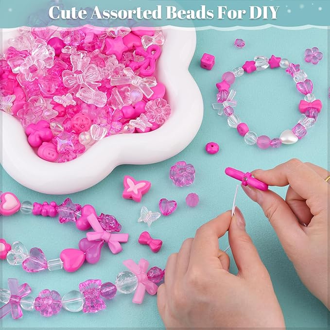 200-260PCS TINKRSTUFF Assorted Acrylic Beads Rose Pink Cute Beads for Bracelet Making,Bow Flower Butterfly GummyBear Kawaii Charms, Aesthetic Bead for Necklace Keychain Jewelry Making DIY Phone Charm