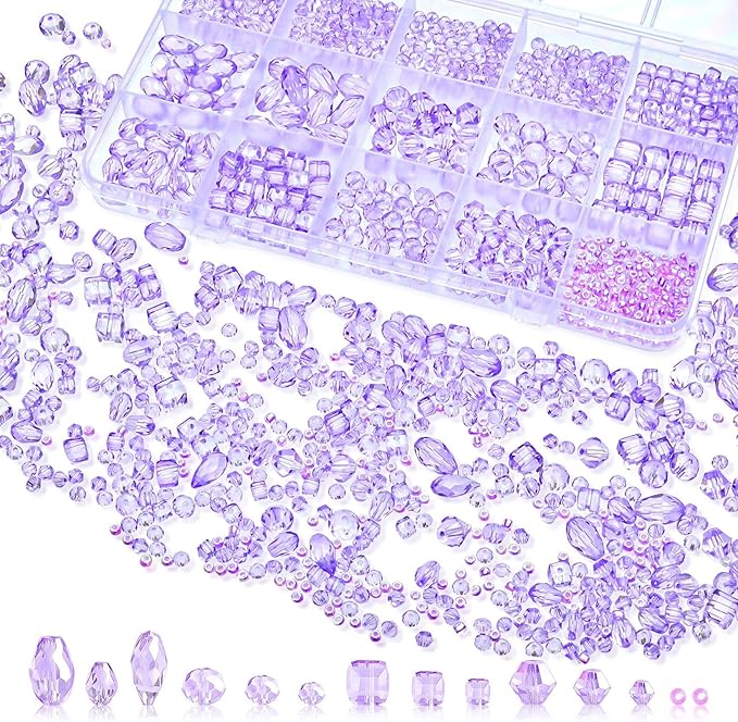 1500 Pcs Crystal Glass Beads for Jewelry Making – 12 Styles Bicone, Rondelle, Cube, Teardrop & 3mm Spacer Beads, DIY Bracelet Necklace Earring Craft Kit with Organizer Box(Light Purple)