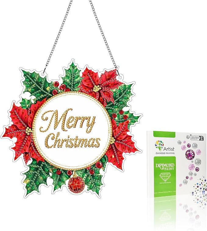 VAIIEYO Christmas Diamond Art Hanging Ornament, Garland Diamond Painting Suncatchers Window Hanging Kit with Chain, 7.5x7.5 inch Crystal Pendant Art Craft for Gift Home Wall Front Door Decoration