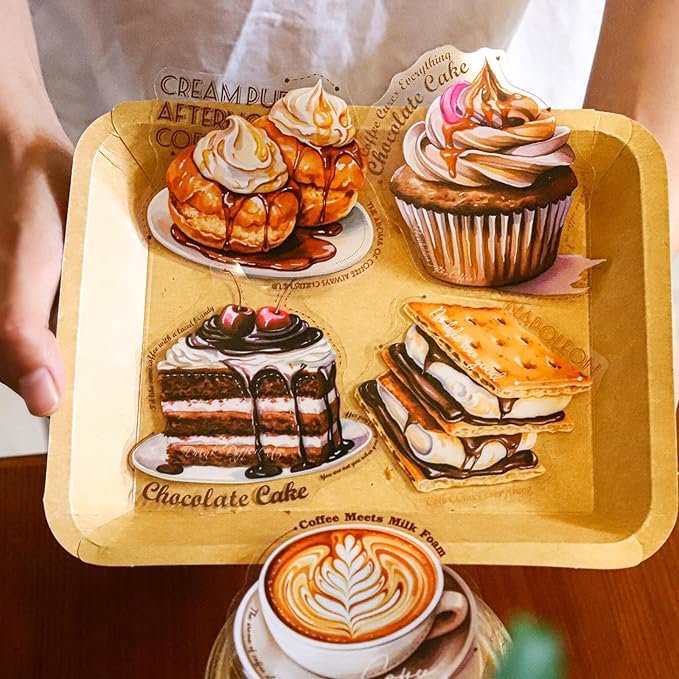60 Pieces Coffee Themed Vintage Large Size PET Stickers, Elegant Coffee, Soft Bread and Delicious Dessert Designs for Scrapbooking, Journaling, DIY Crafts, and Junk Journal Supplies (6 Pack)