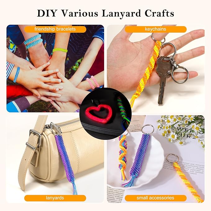 PP OPOUNT Christmas DIY Lanyard String Kit, 20 Rolls Boondoggle String with Instruction for Beginners & 220 Beads, Festive Craft Kit for Making Bracelets Key Chains Holiday Decorations