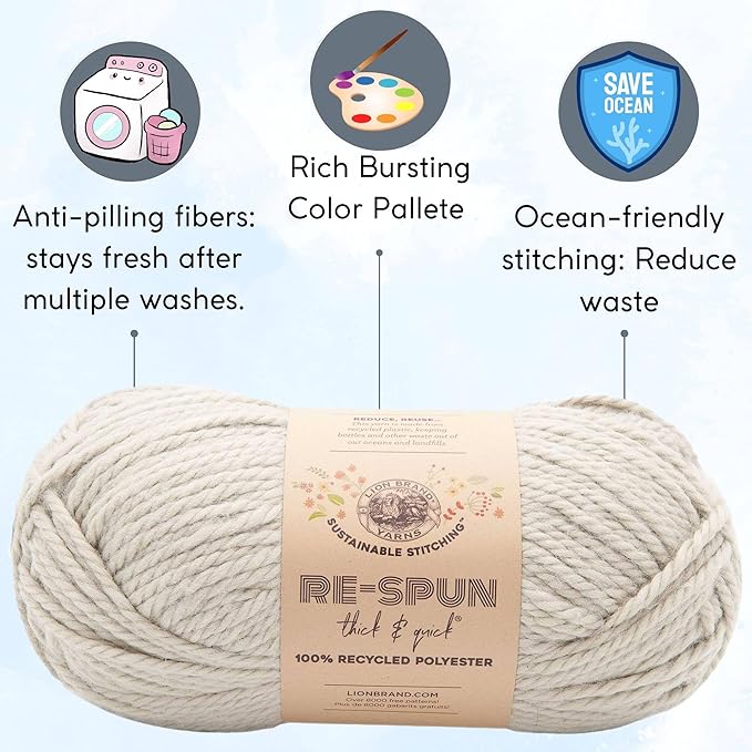 Lion Brand Re Spun Thick & Quick Pumice Stone 843-150 (3-Skeins - Same Dye Lot) Weight S Bulky #6 Polyester Yarn for Crocheting and Knitting with Project Bag