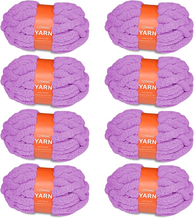 Chunky Yarn for Hand Knitting and Blankets – Super Soft Jumbo Chenille Yarn Pack for Crocheting, Bulky DIY Projects, 8 Skeins(Purple)