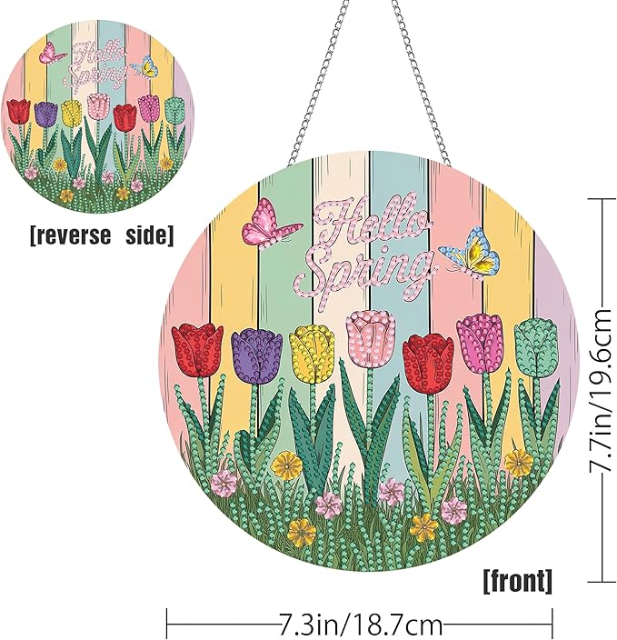 LOMSIOY Diamond Art Hanging Kit for Adult, Spring Front Door Sign Window Hanging for Outdoor, Tulips Double Sided Easter Decor Suncatcers for Porch, Diamond Painting Pendants for Garden 8 x 8 Inch