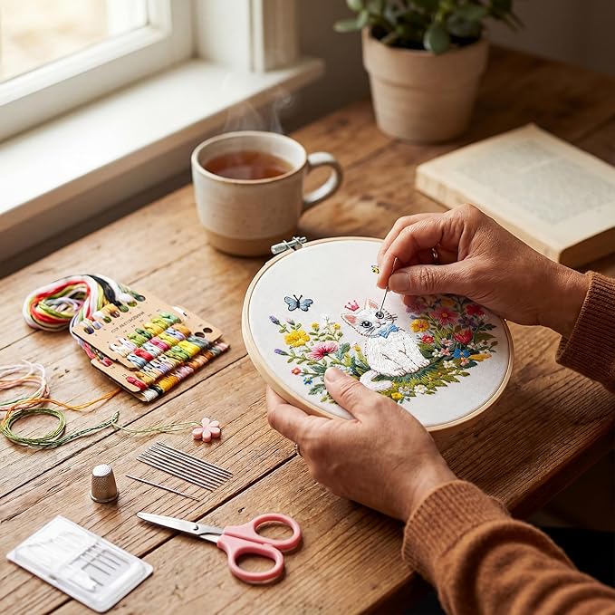 Peonfly Cat Embroidery Kit for Beginners, 4 Pack Stamped Embroidery Starter Kit with 4 Hoops, 9 Stitch Types Practice Sampler, Animal Floral Wall Hanging Decor, (Box 4pcs)